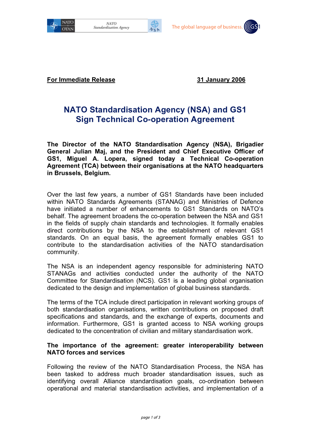 NATO Standardisation Agency (NSA) and GS1 Sign Technical Co-Operation Agreement