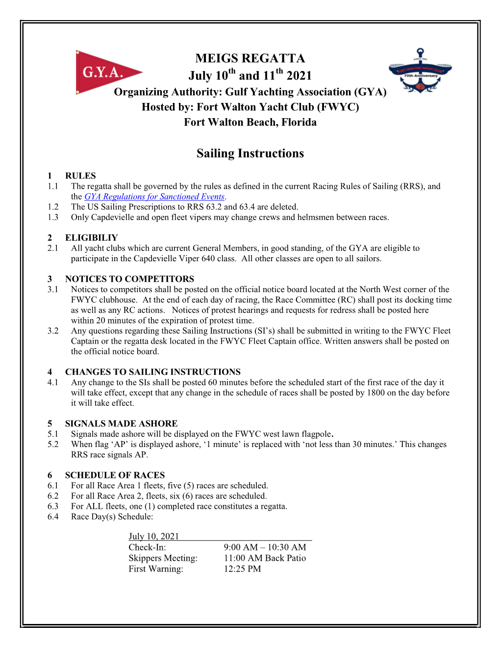 MEIGS REGATTA July 10 and 11 2021 Sailing Instructions