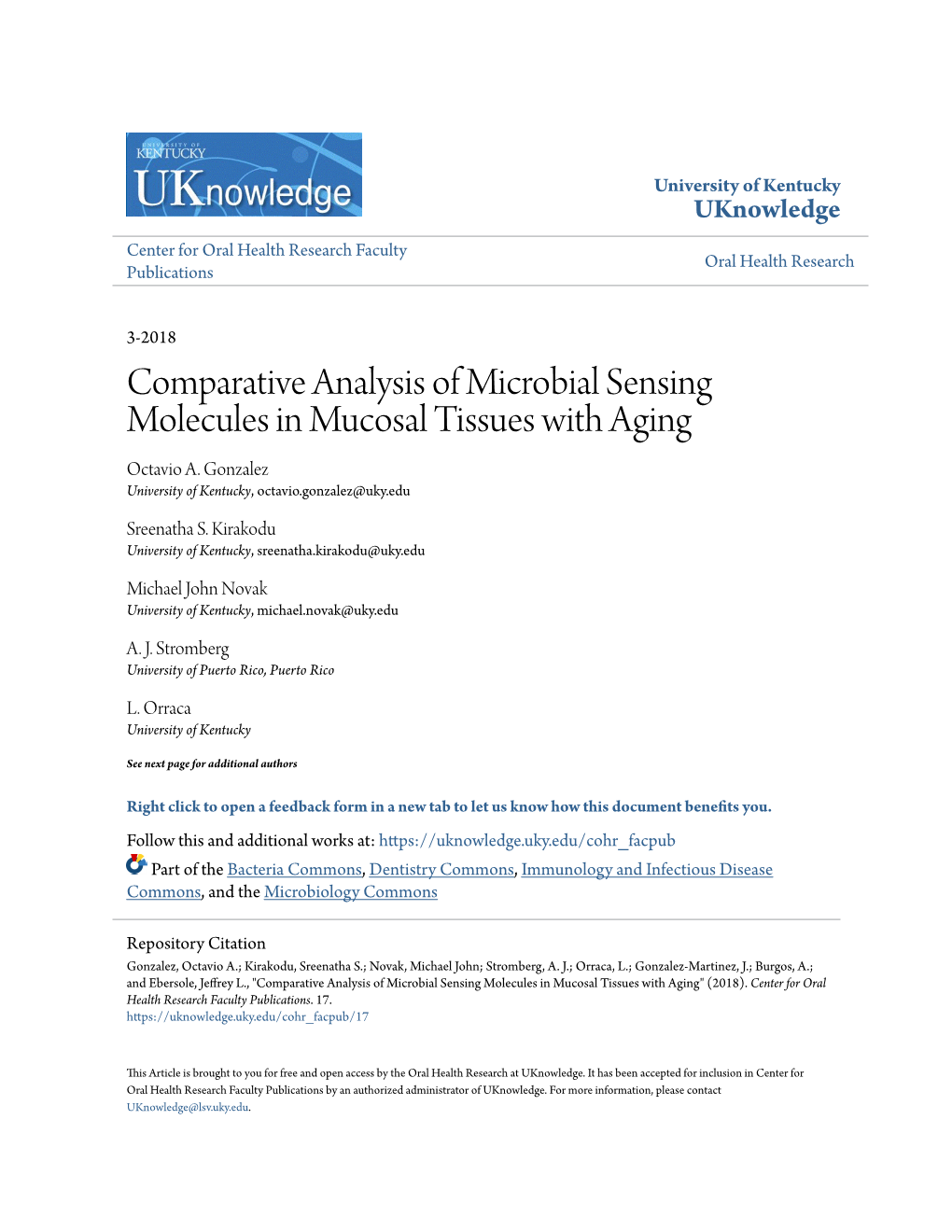 Comparative Analysis of Microbial Sensing Molecules in Mucosal Tissues with Aging Octavio A