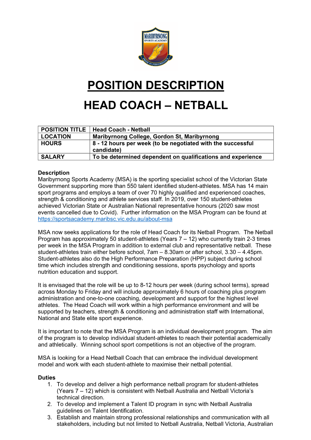 Position Description Head Coach – Netball