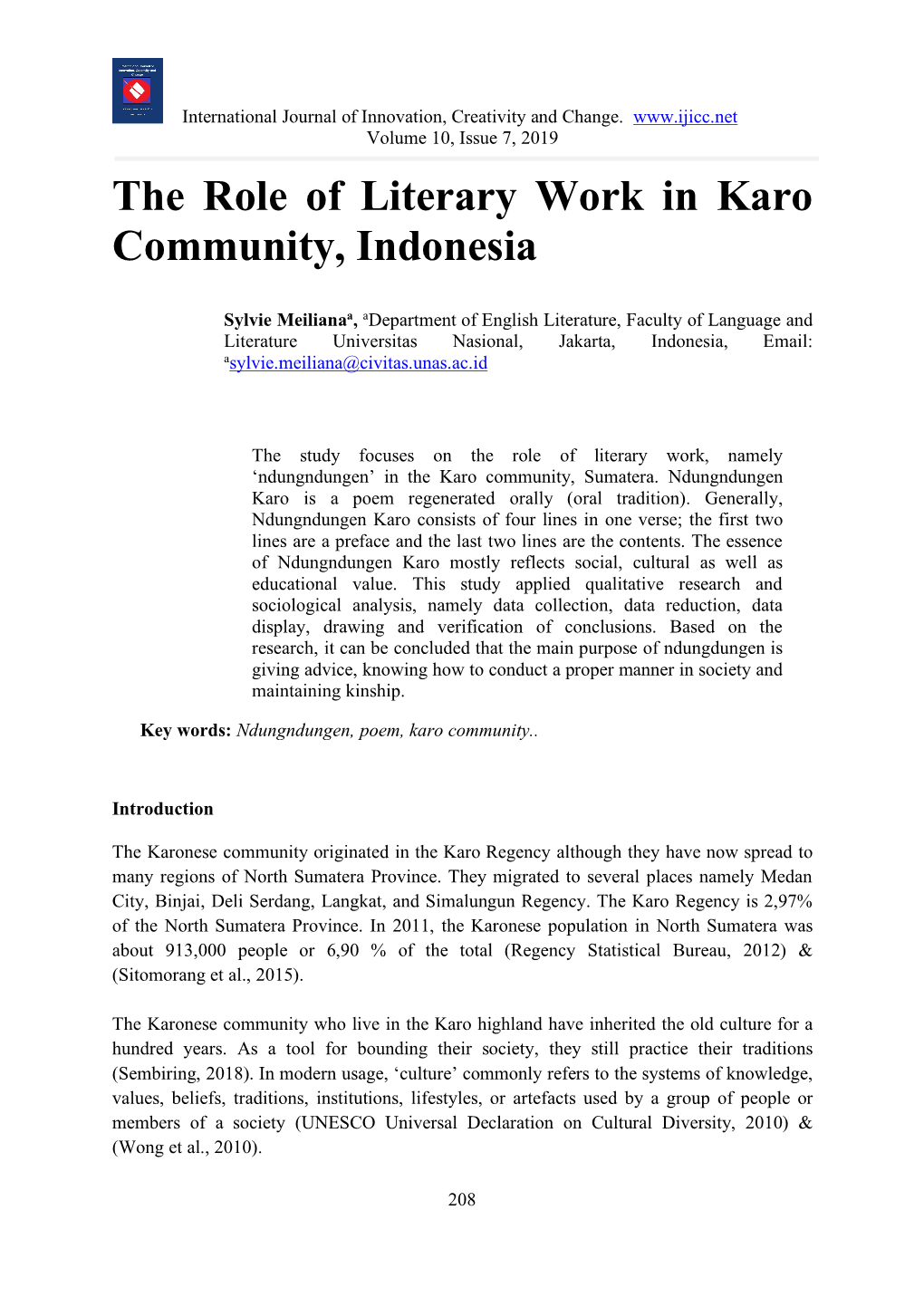 The Role of Literary Work in Karo Community, Indonesia