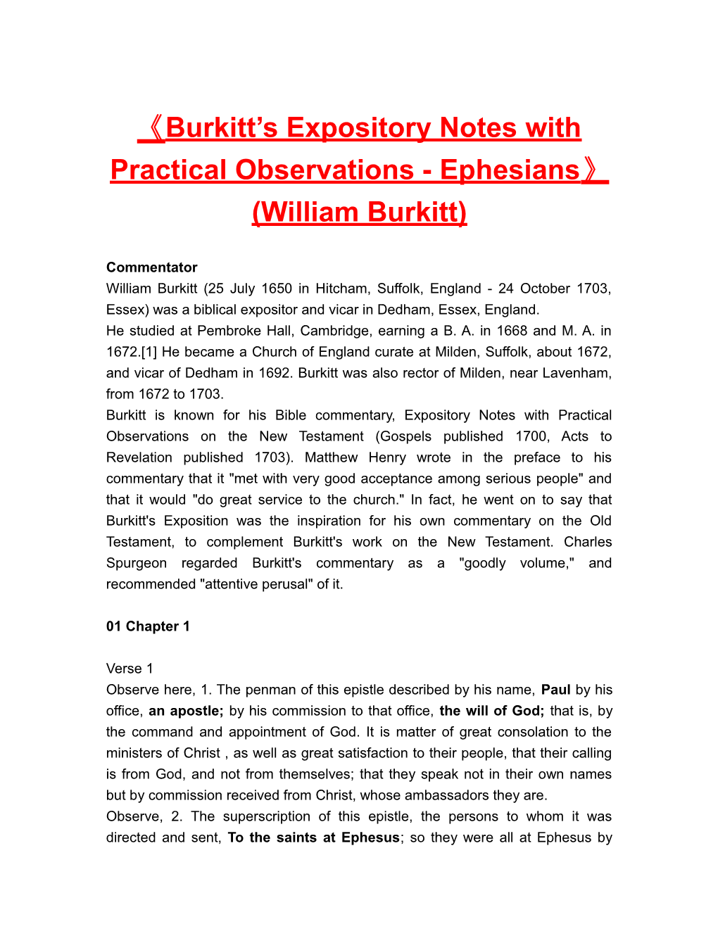 Burkitt S Expository Notes with Practical Observations - Ephesians (William Burkitt)