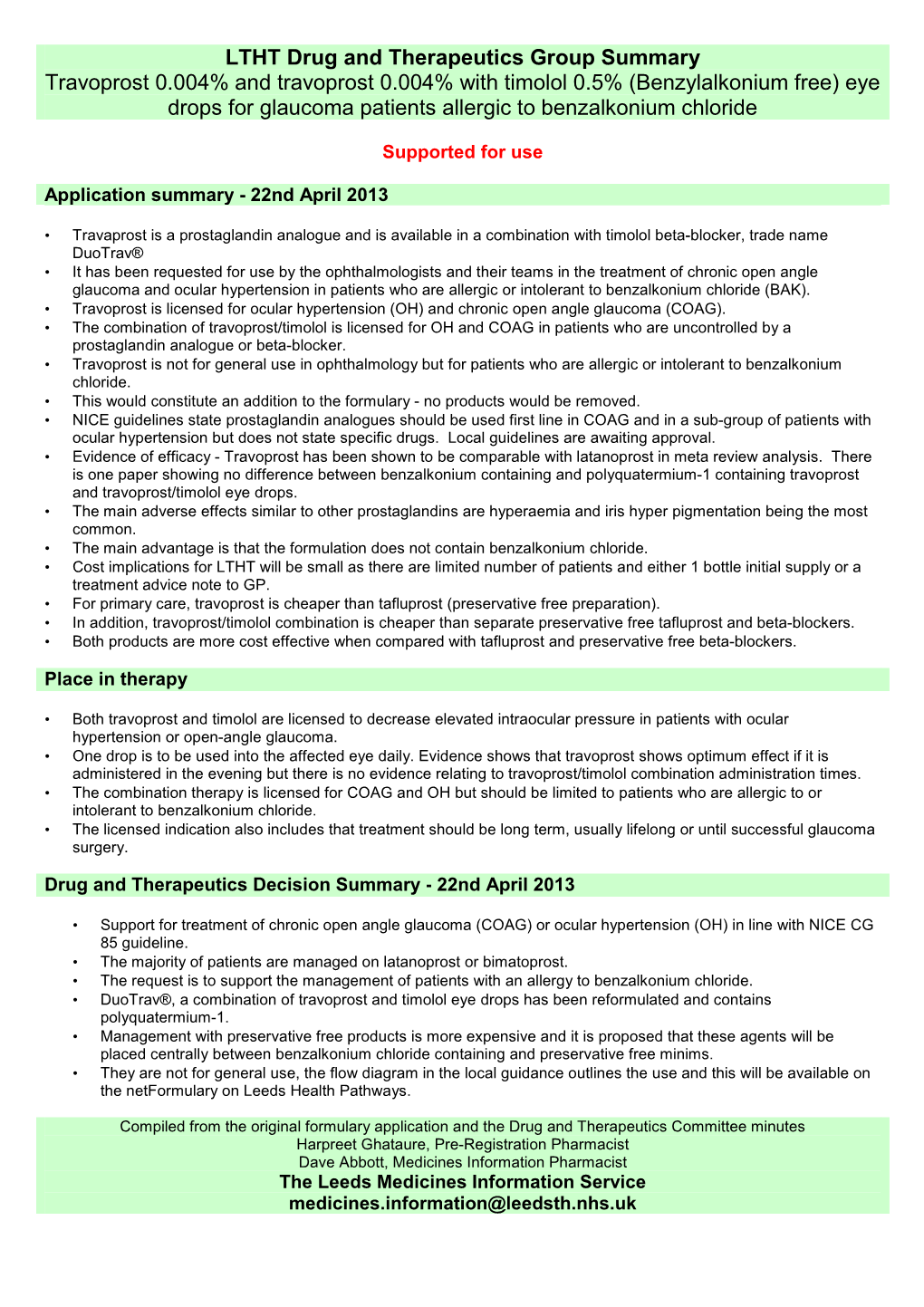 LTHT Drug and Therapeutics Group Summary Travoprost 0.004% And