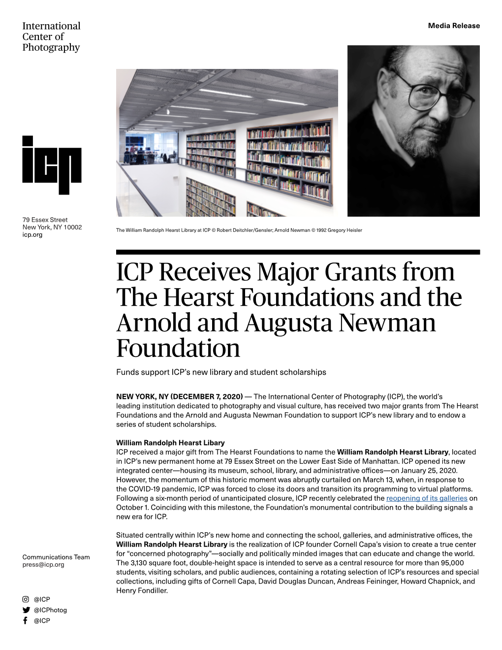 ICP Receives Major Grants from the Hearst Foundations and the Arnold and Augusta Newman Foundation Funds Support ICP’S New Library and Student Scholarships