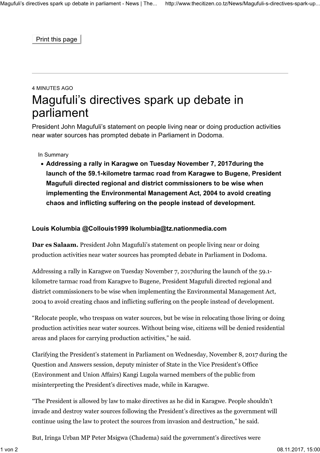 Magufuliâ•Žs Directives Spark up Debate in Parliament