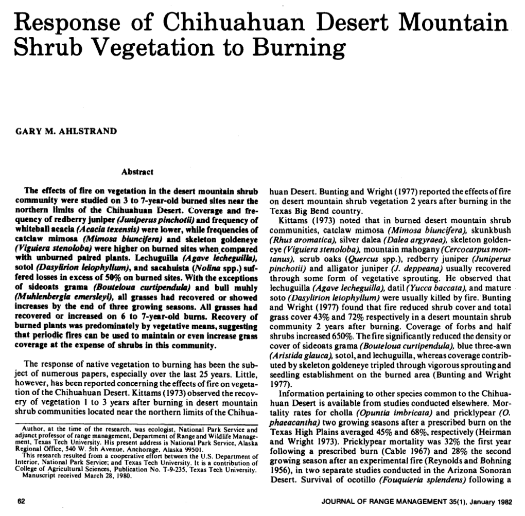 Response of Chihuahuan Desert Mountain Shrub Vegetation to Burning