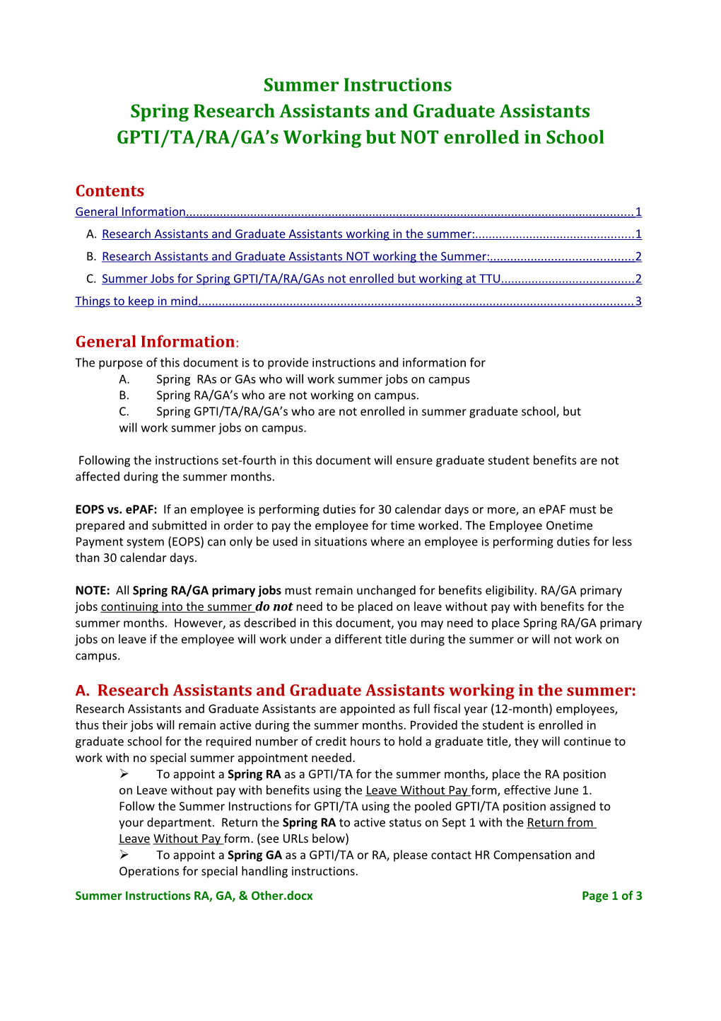 Spring Research Assistants and Graduate Assistants GPTI/TA/RA/GA S Working but NOT Enrolled