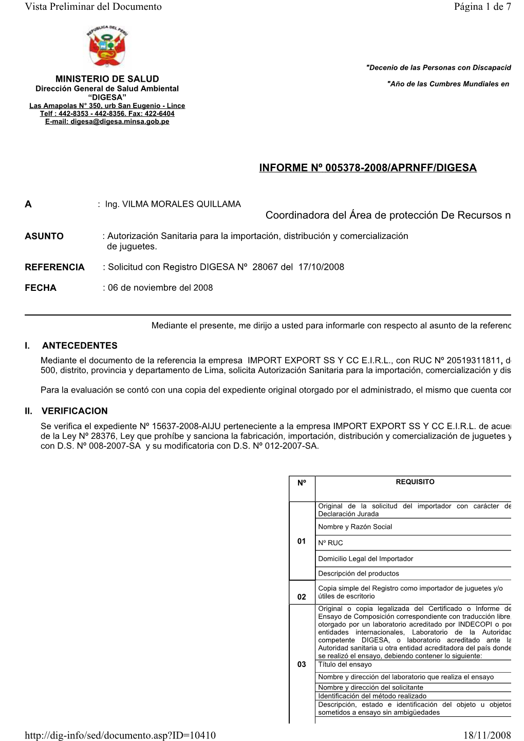 Informe Nº 005378-2008/Aprnff/Digesa