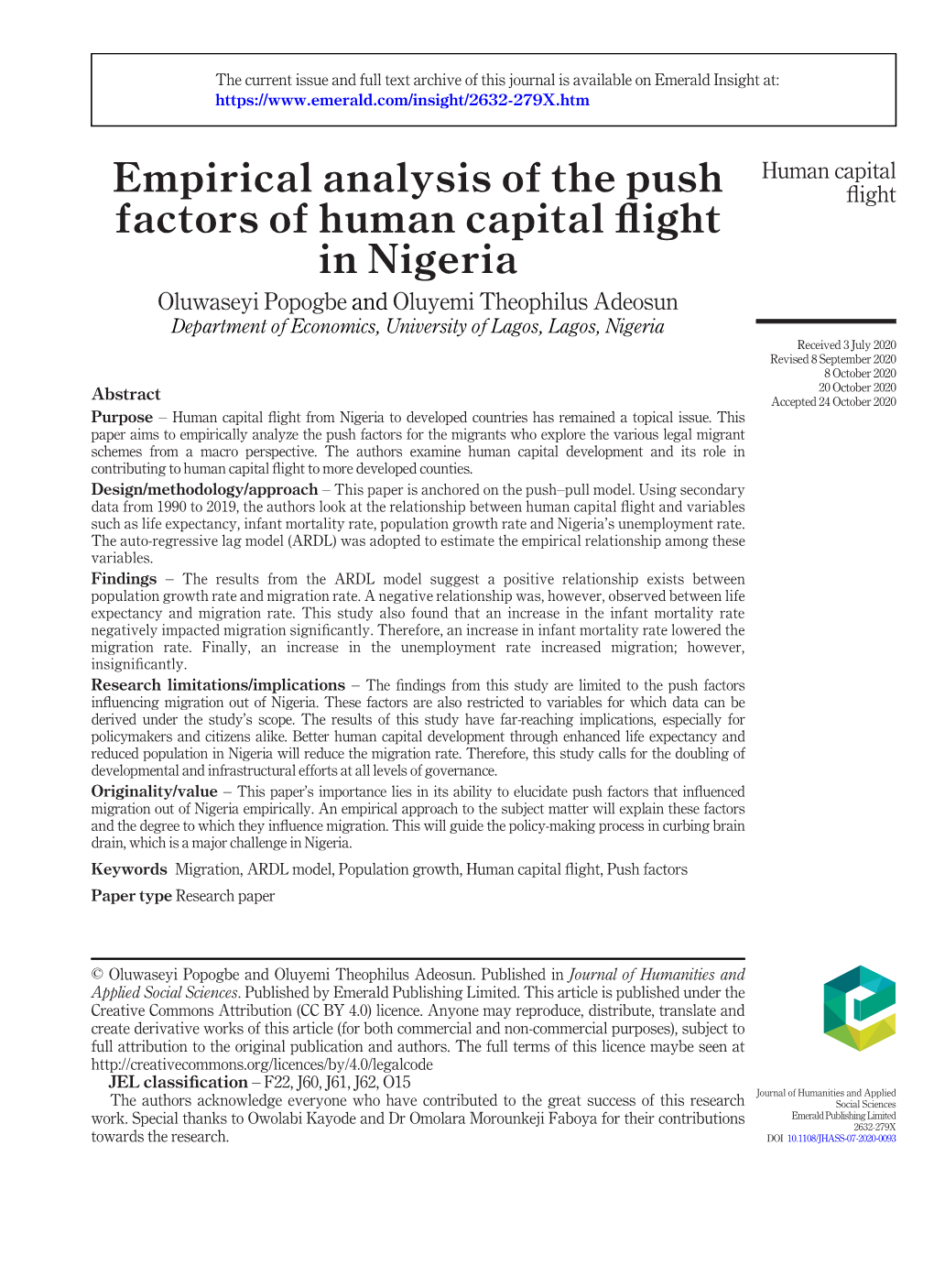 Empirical Analysis of the Push Factors of Human Capital Flight in Nigeria