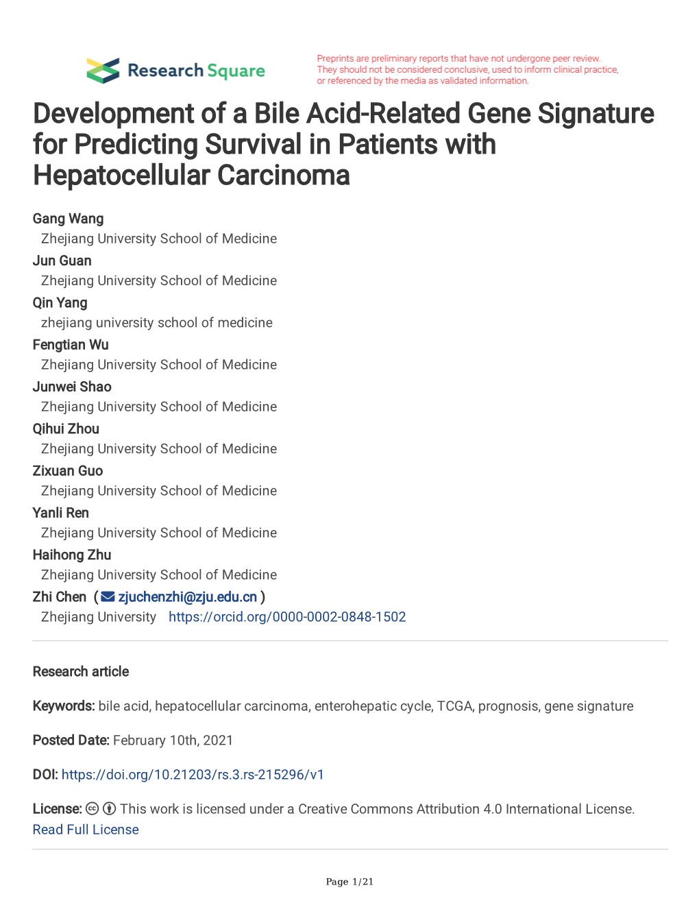 Development of a Bile Acid-Related Gene Signature for Predicting Survival in Patients with Hepatocellular Carcinoma