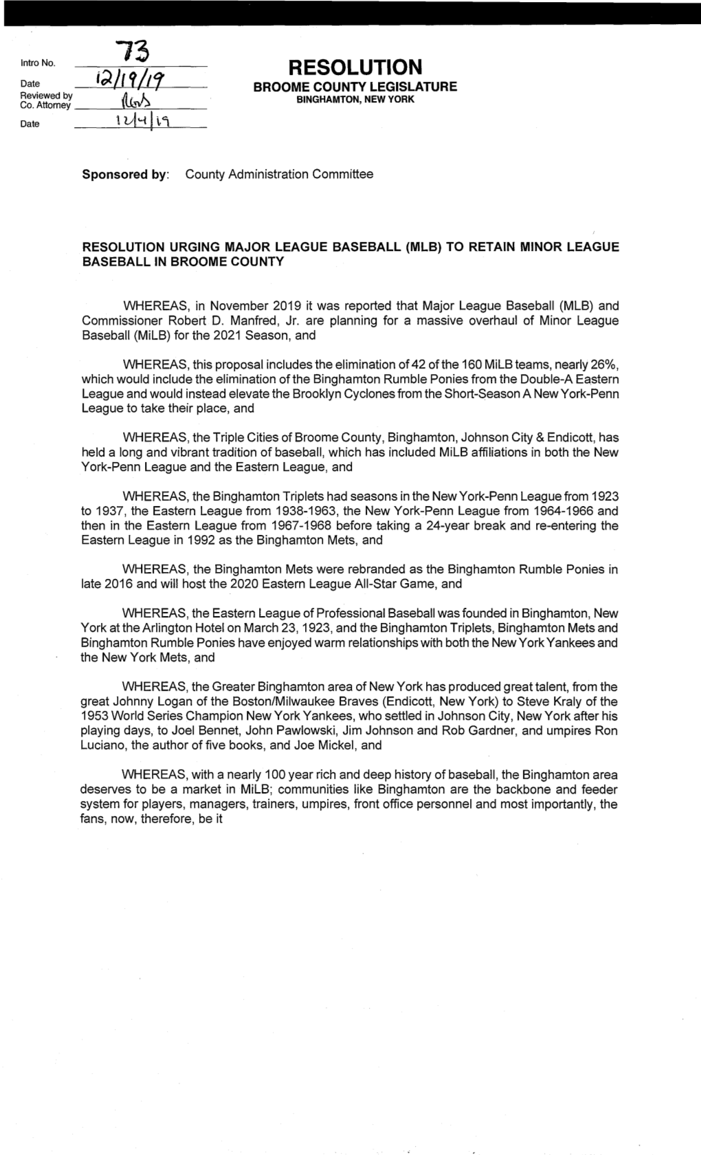 Resolution Urging Major League Baseball (Mlb) to Retain Minor League Baseball in Broome County