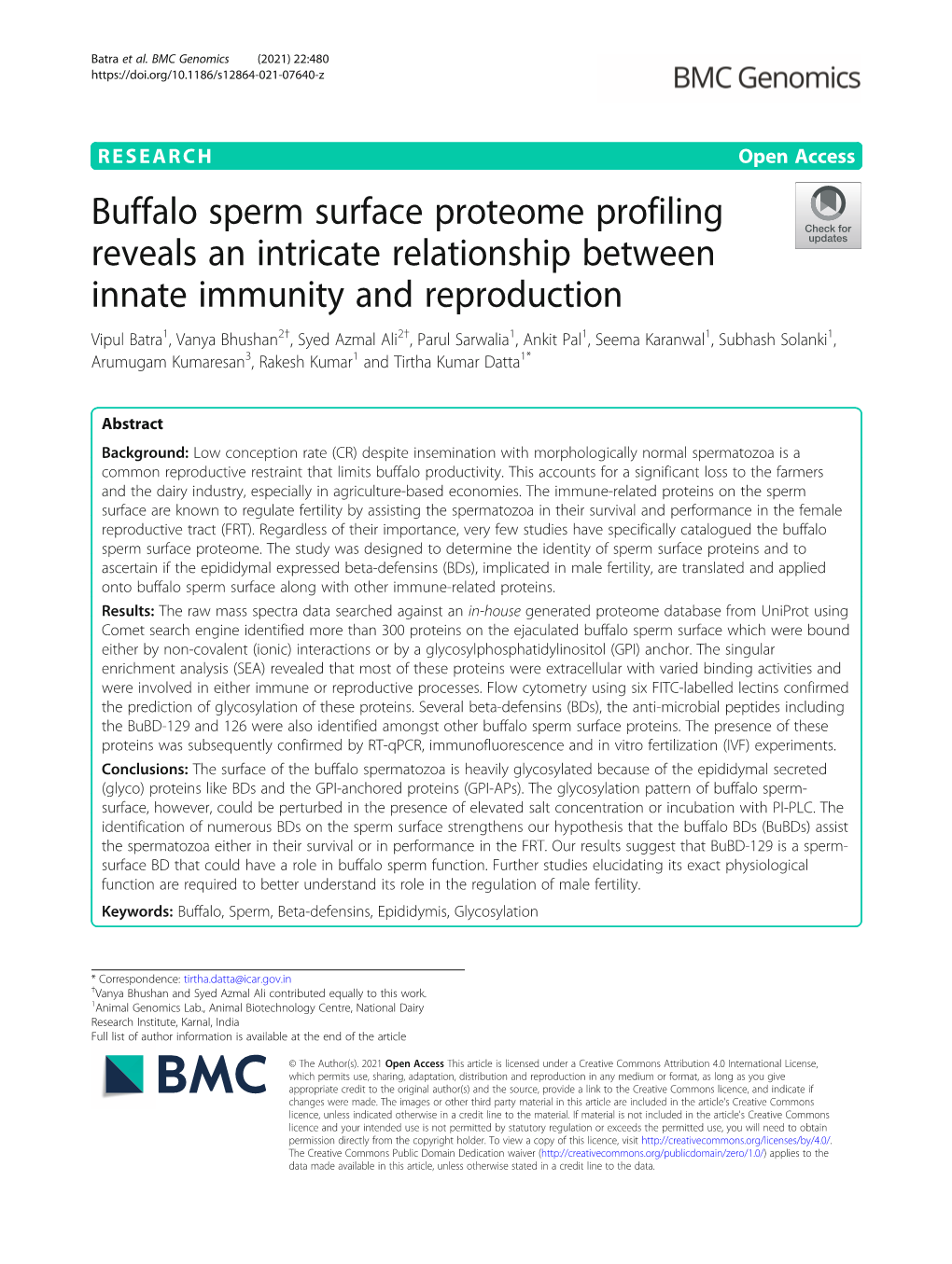 Buffalo Sperm Surface Proteome Profiling Reveals an Intricate