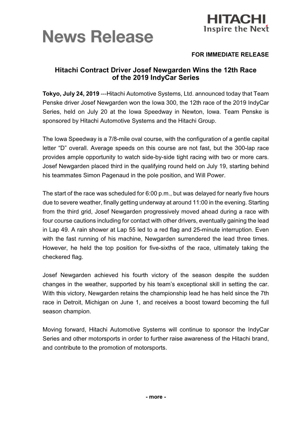 Hitachi Contract Driver Josef Newgarden Wins the 12Th Race of the 2019 Indycar Series