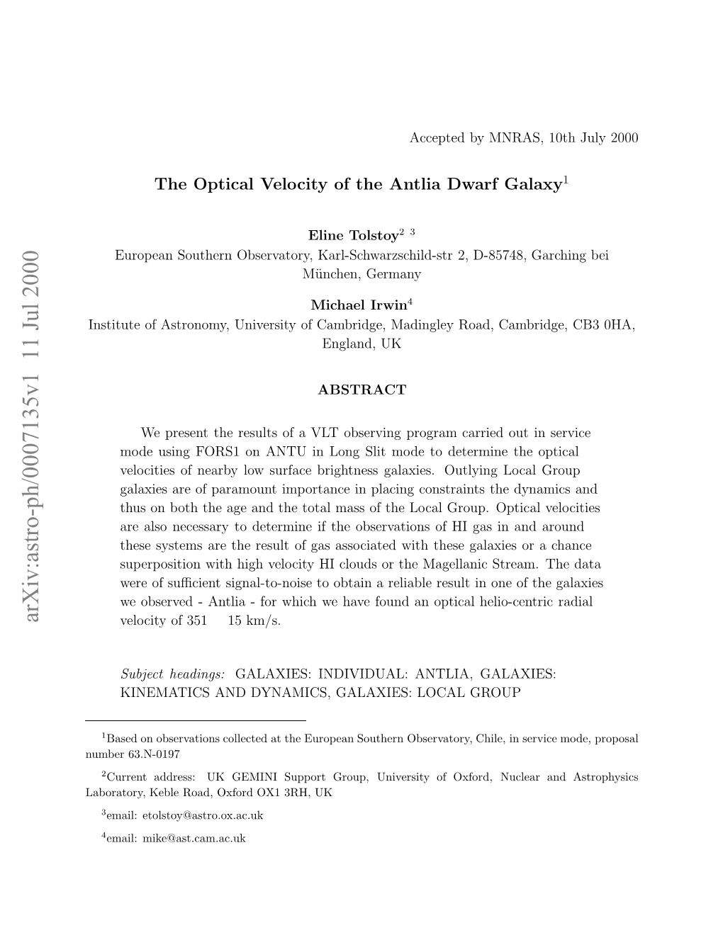 The Optical Velocity of the Antlia Dwarf Galaxy