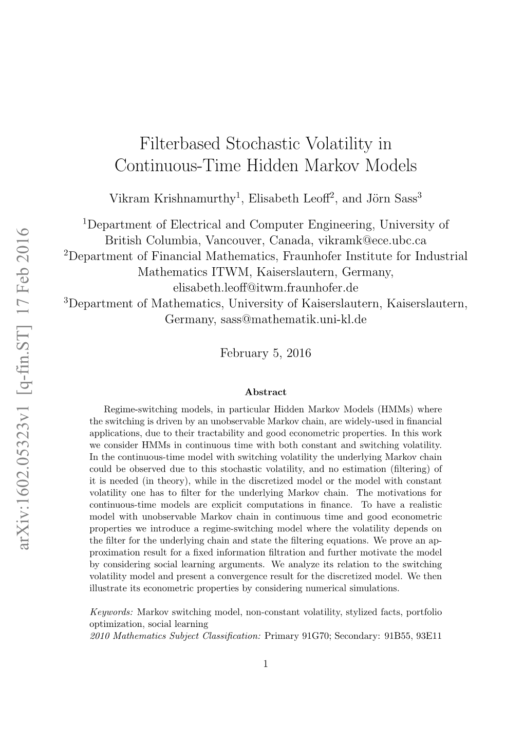 Filterbased Stochastic Volatility in Continuous-Time Hidden Markov Models
