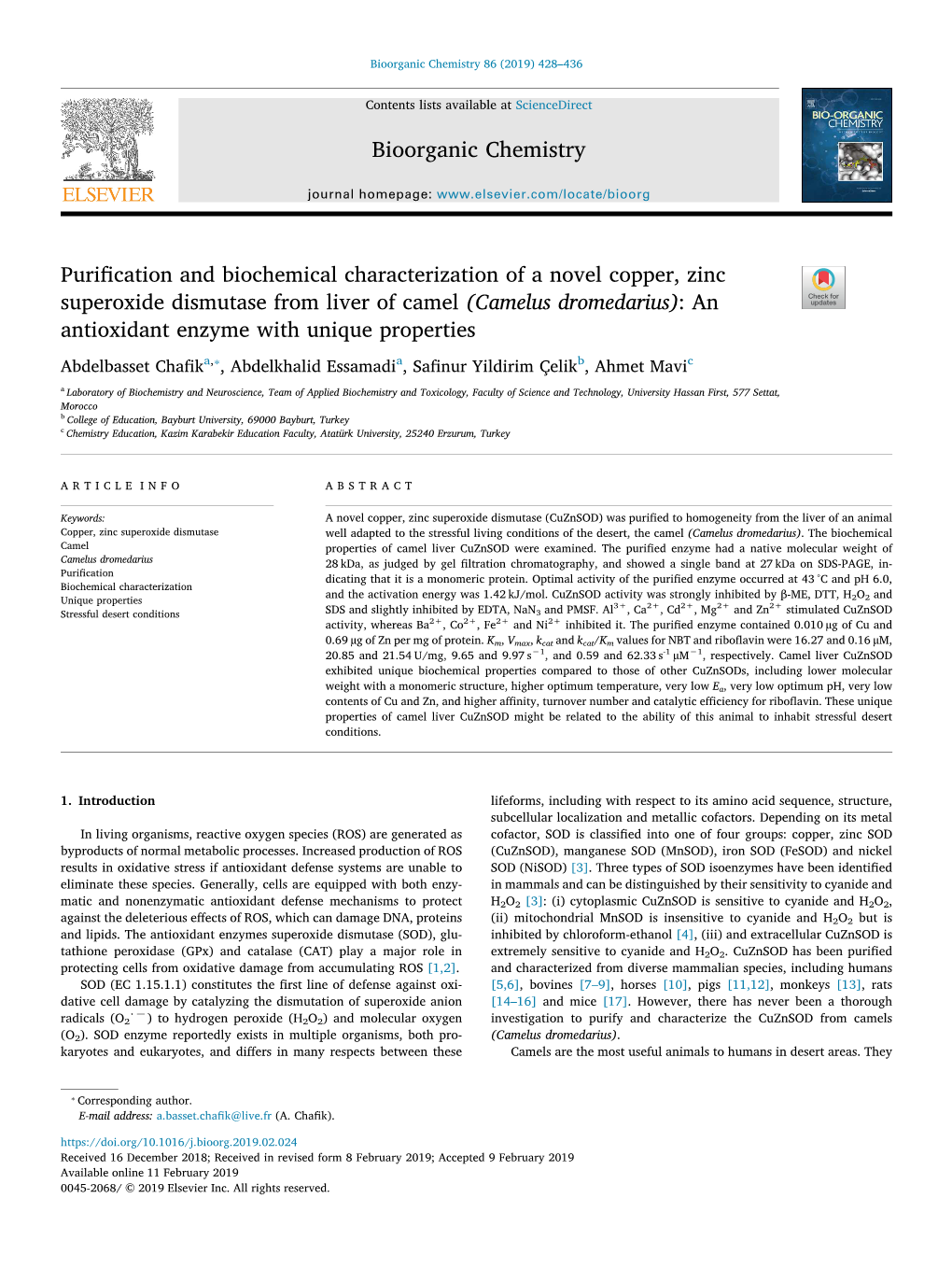 Purification and Biochemical Characterization of a Novel Copper, Zinc Superoxide Dismutase from Liver of Camel