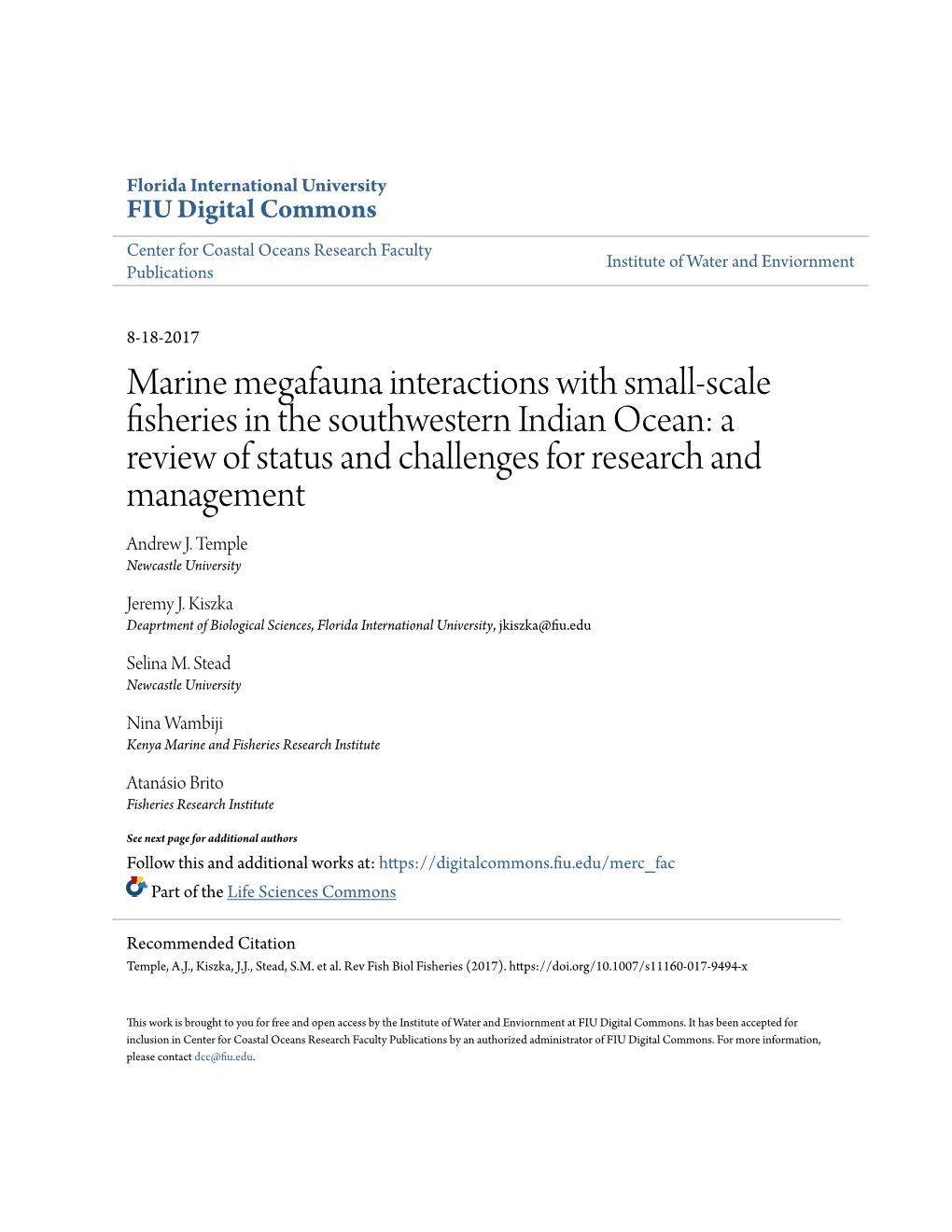 Marine Megafauna Interactions with Small-Scale Fisheries in the Southwestern Indian Ocean: a Review of Status and Challenges for Research and Management Andrew J