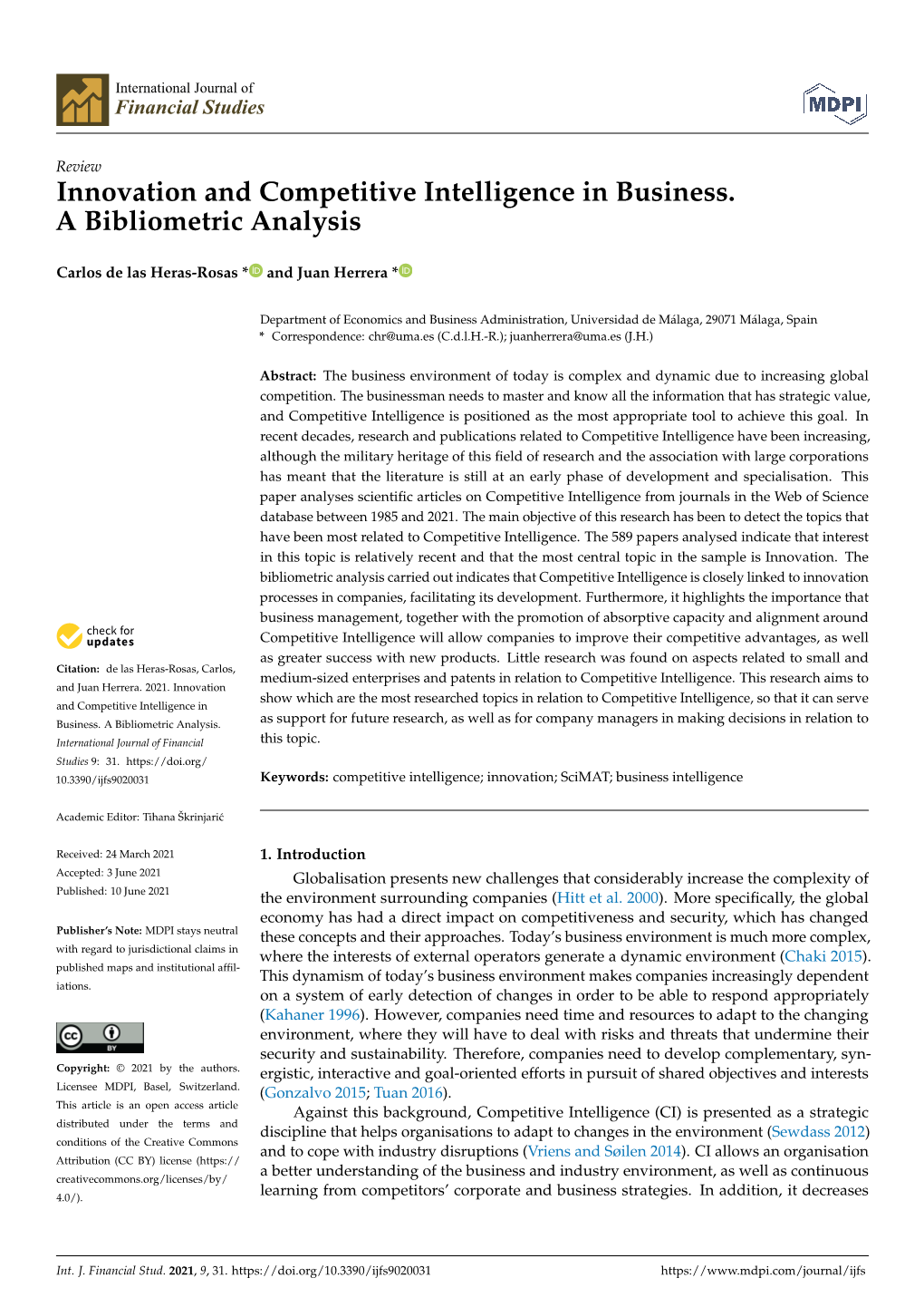 Innovation and Competitive Intelligence in Business. a Bibliometric Analysis