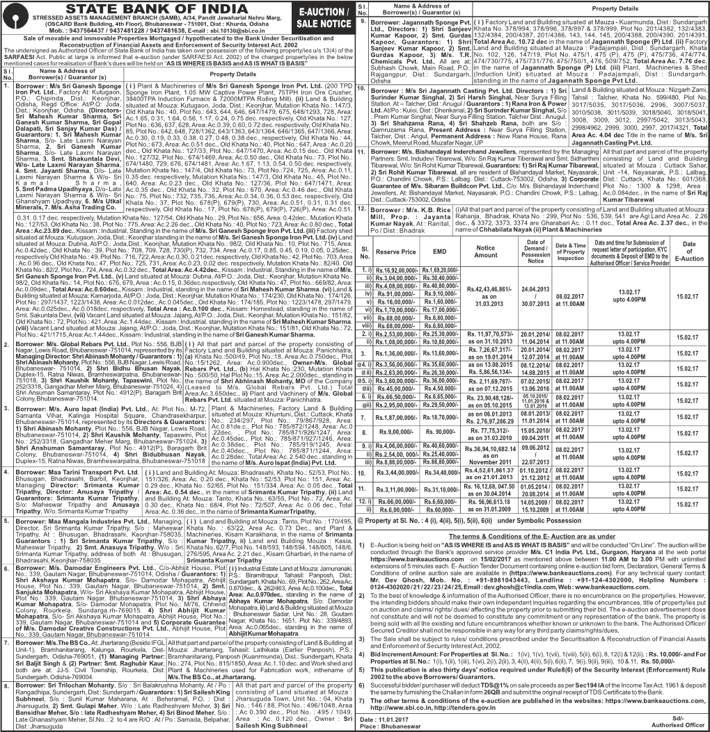 STATE BANK of INDIA E-AUCTION / S L