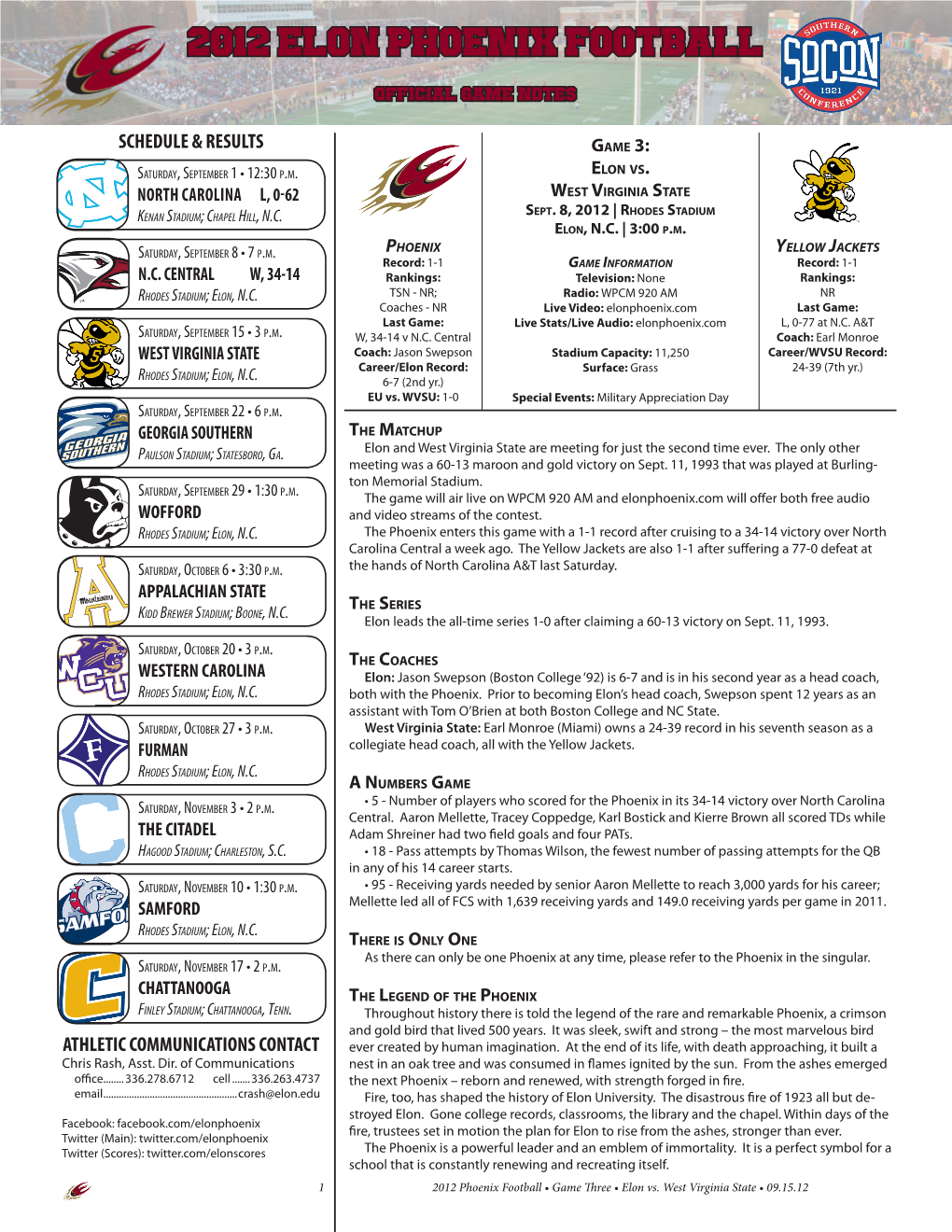 2012 ELON PHOENIX FOOTBALL Official Game Notes