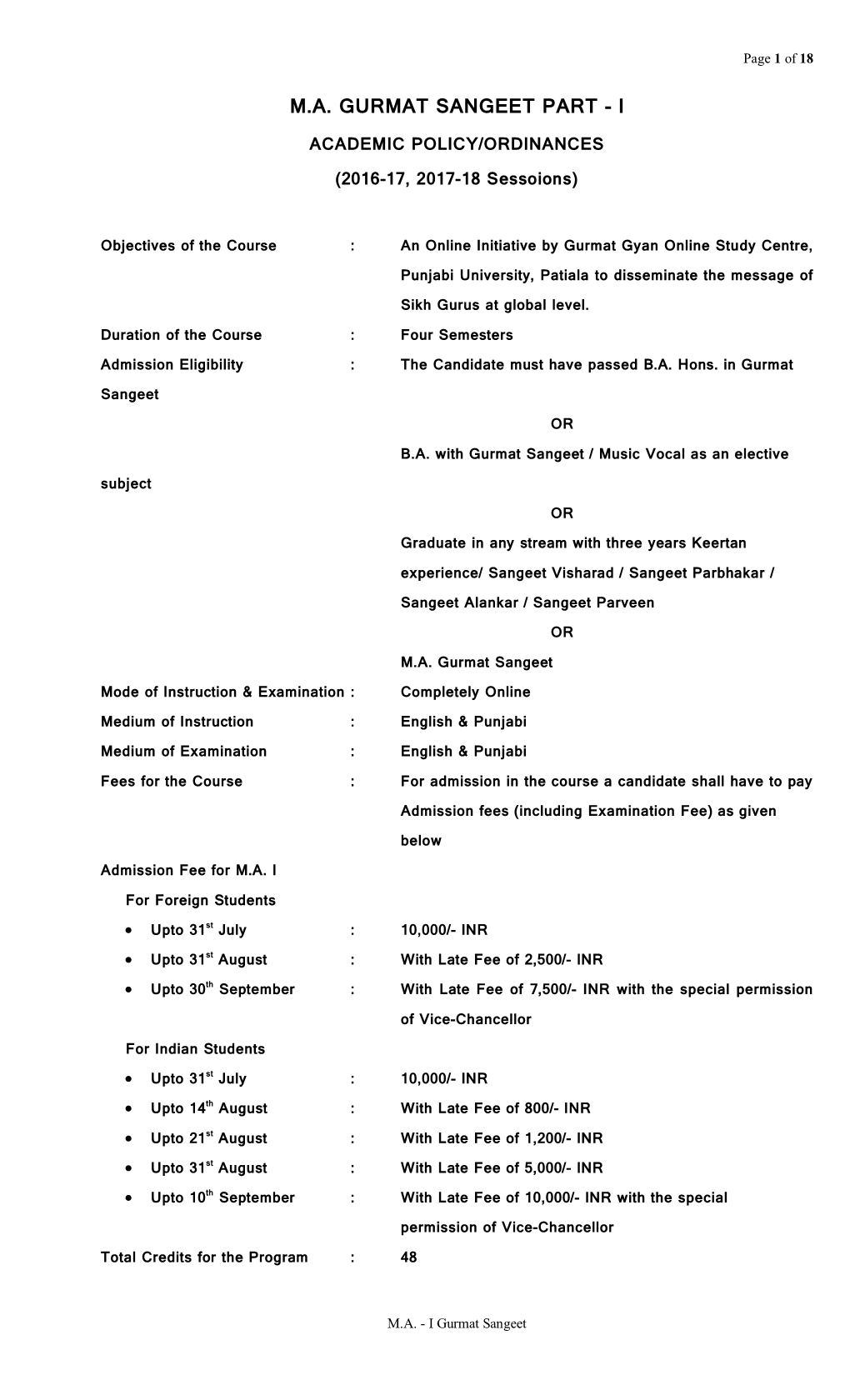 M.A. GURMAT SANGEET PART - I ACADEMIC POLICY/ORDINANCES (2016-17, 2017-18 Sessoions)