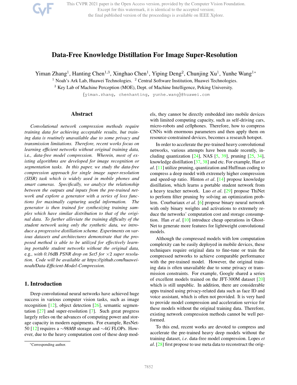 Data-Free Knowledge Distillation for Image Super-Resolution
