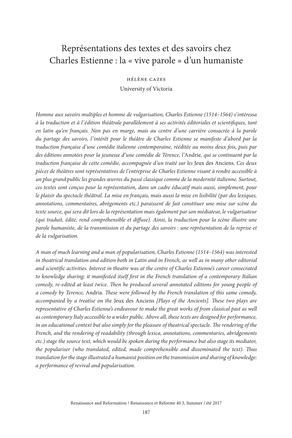 Représentations Des Textes Et Des Savoirs Chez Charles Estienne : La « Vive Parole » D’Un Humaniste