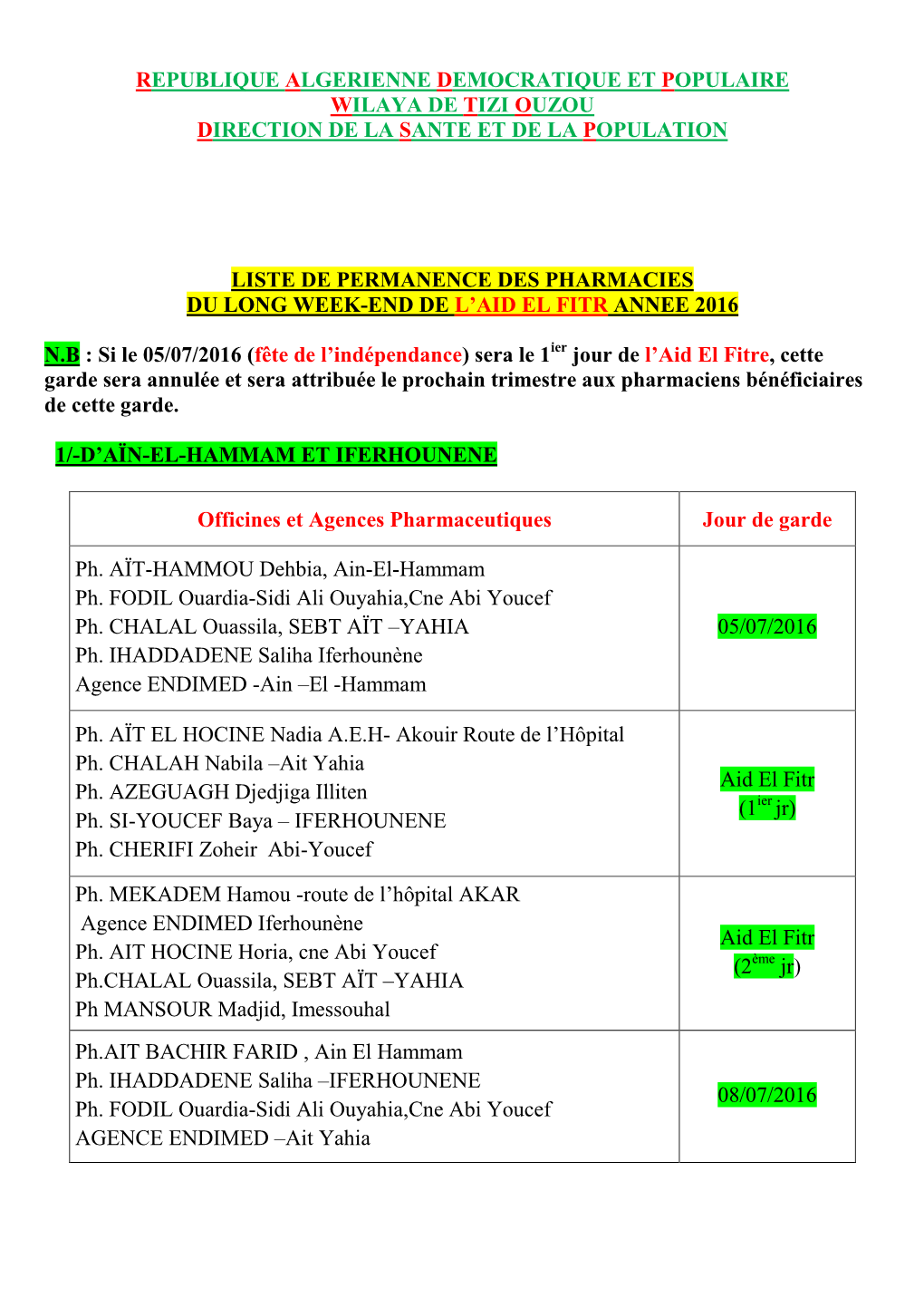 Republique Algerienne Democratique Et Populaire Wilaya De Tizi Ouzou Direction De La Sante Et De La Population Liste De Permanen