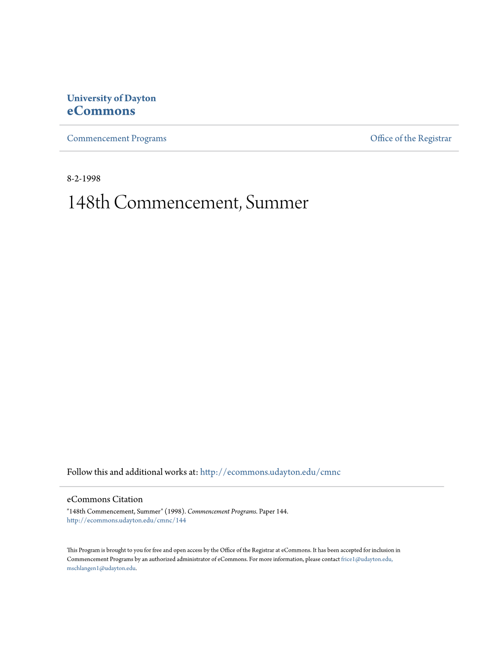 148Th Commencement, Summer