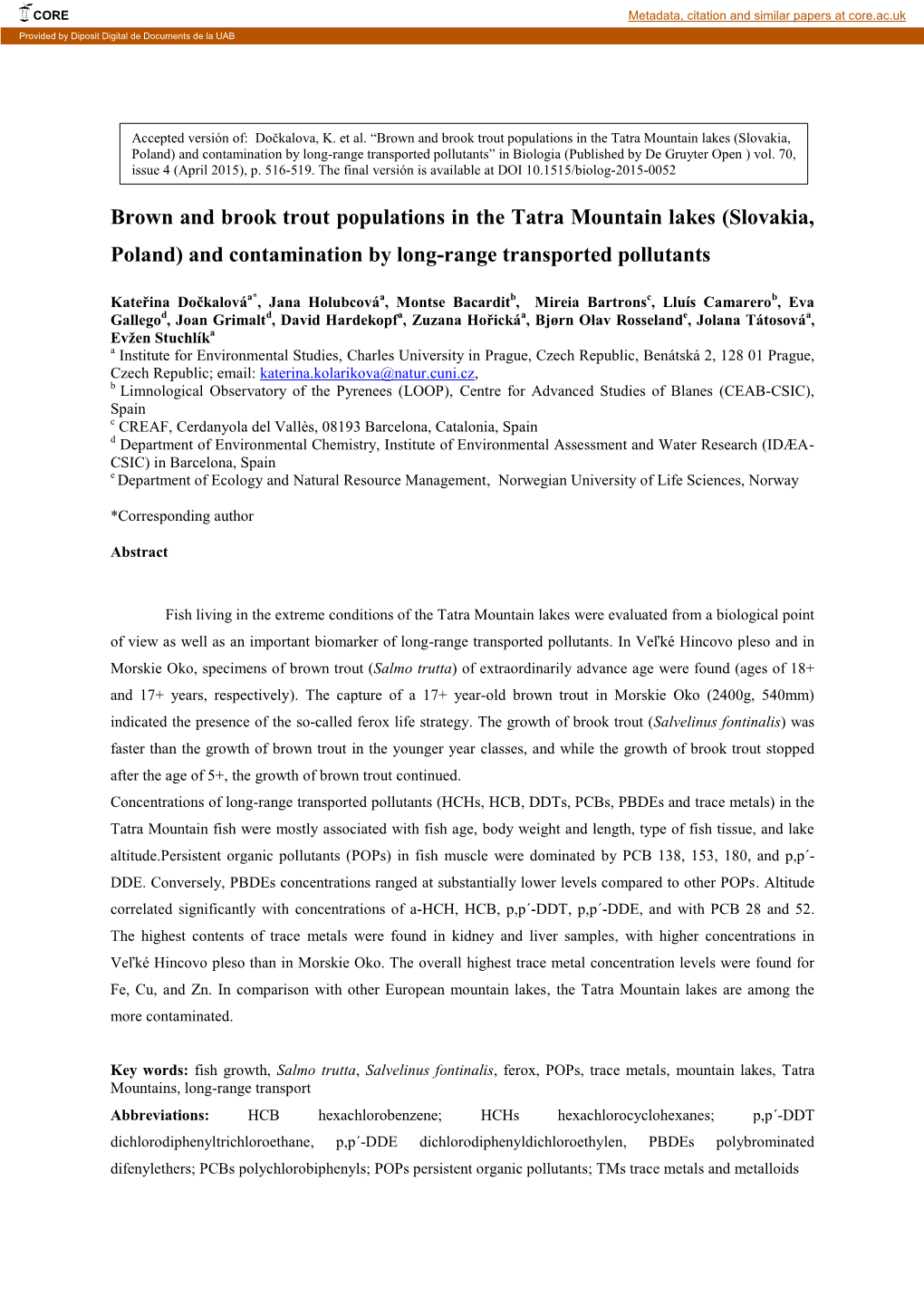 Brown and Brook Trout Populations in the Tatra Mountain Lakes