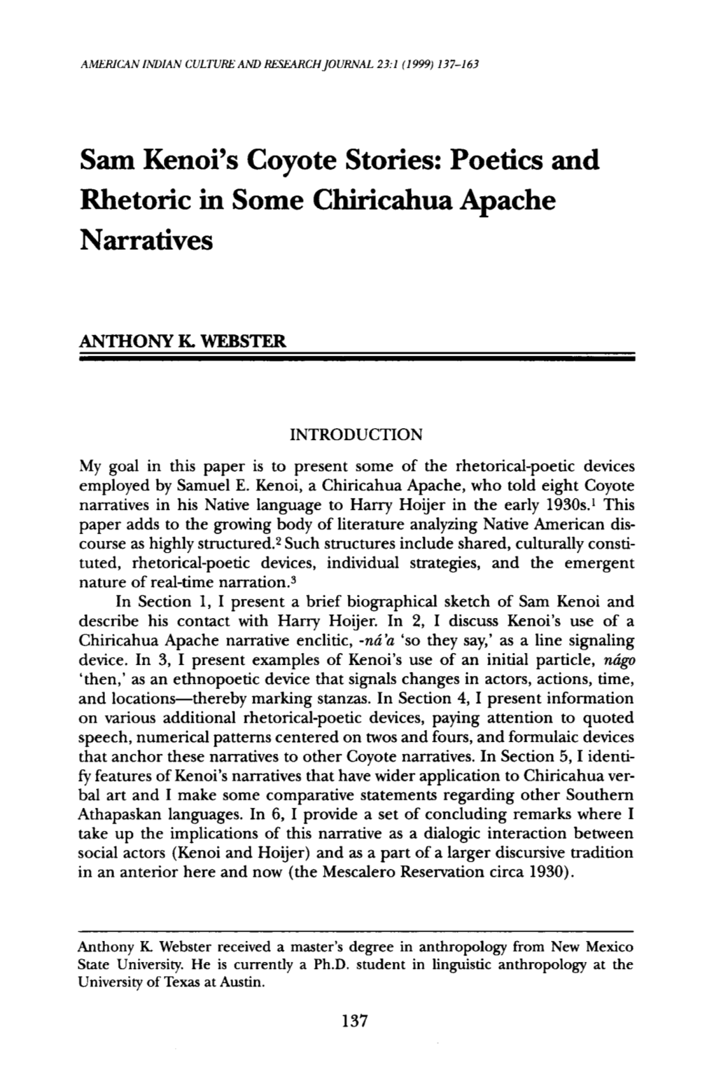 Sam Kenoi's Coyote Stories: Poetics and Rhetoric in Some Chiricahua