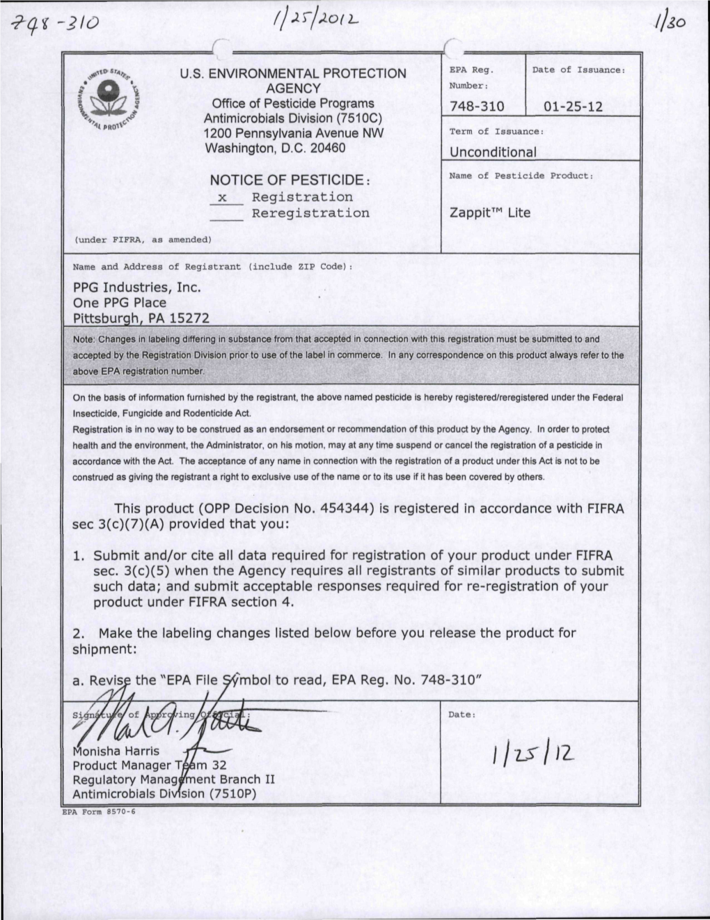 US EPA, Pesticide Product Label, ZAPPIT LITE, 01/25/2012