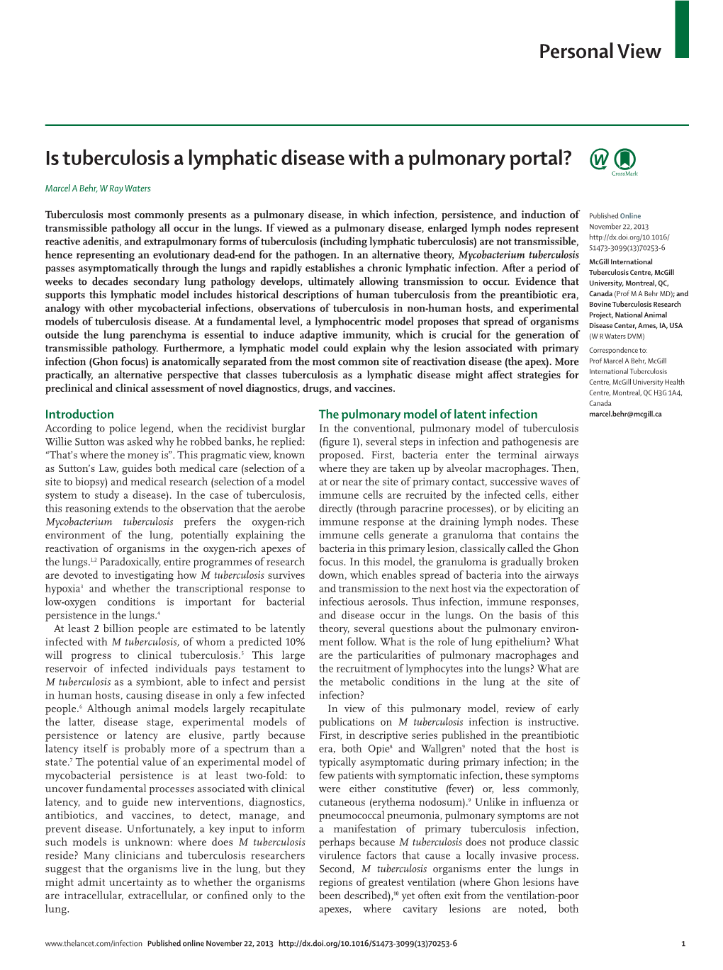 Is Tuberculosis a Lymphatic Disease with a Pulmonary Portal?