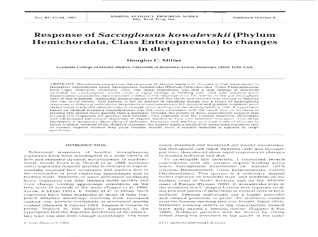 Response of Saccoglossus Kowalevskii (Phylum Hemichordata, Class Enteropneusta) to Changes in Diet
