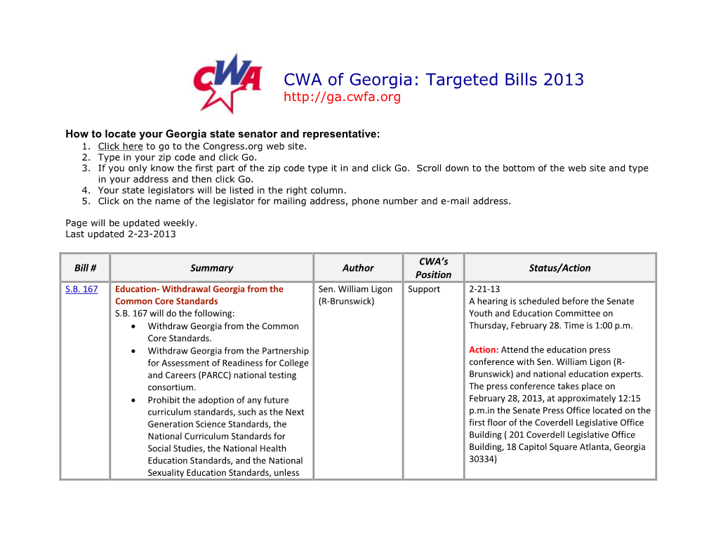 CWA of Georgia: Targeted Bills 2013