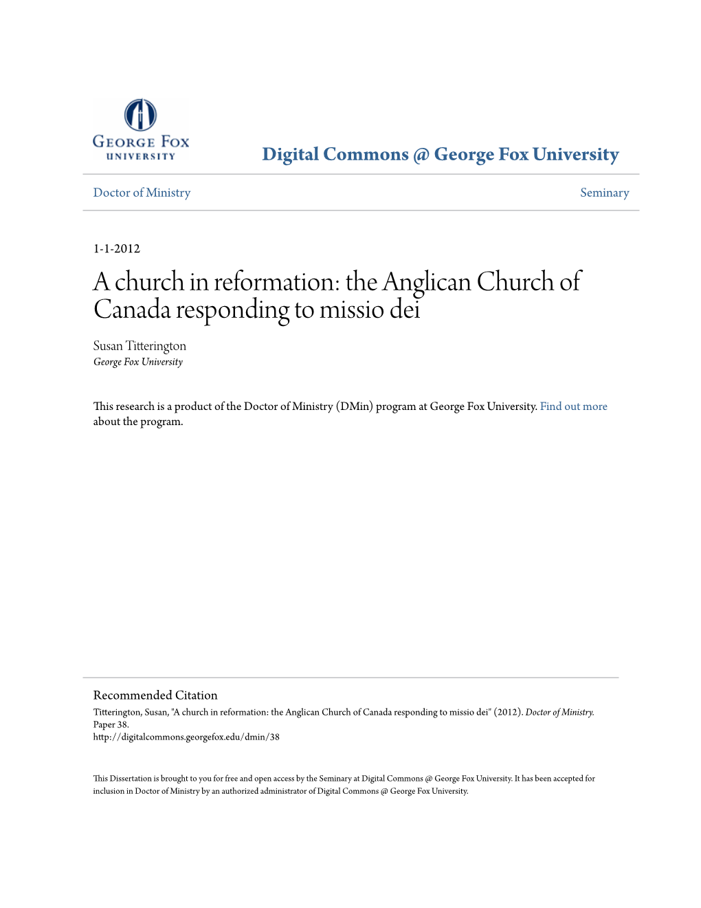 The Anglican Church of Canada Responding to Missio Dei Susan Titterington George Fox University