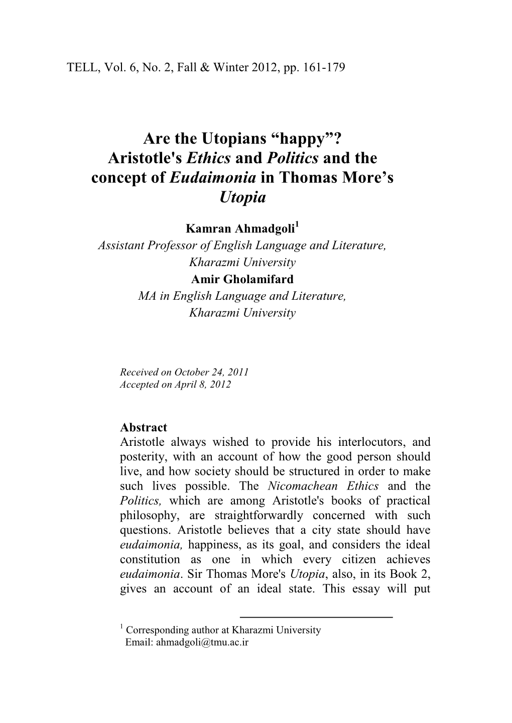 Aristotle's Ethics and Politics and the Concept of Eudaimonia in Thomas More’S Utopia