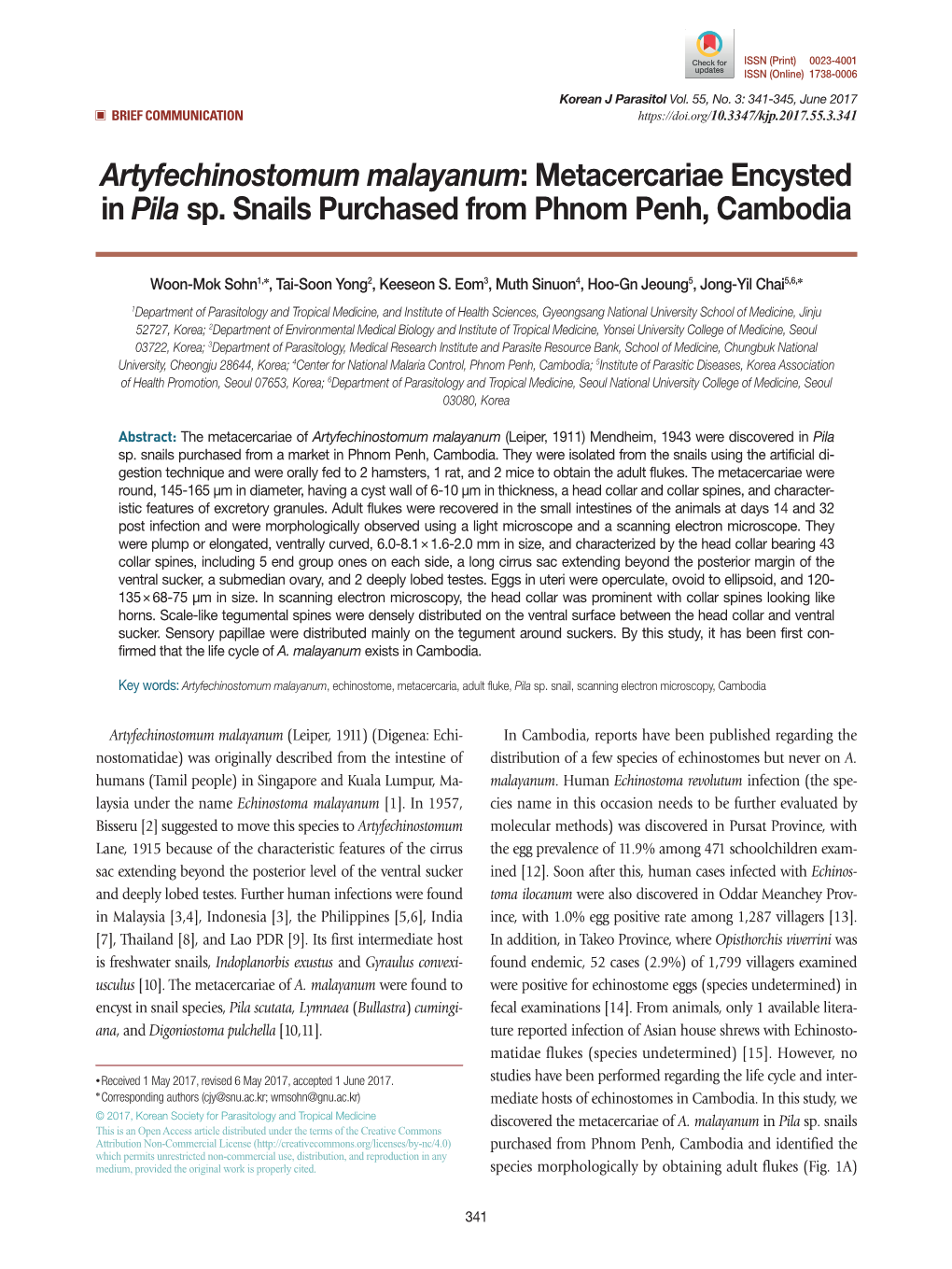 Artyfechinostomum Malayanum: Metacercariae Encysted in Pila Sp