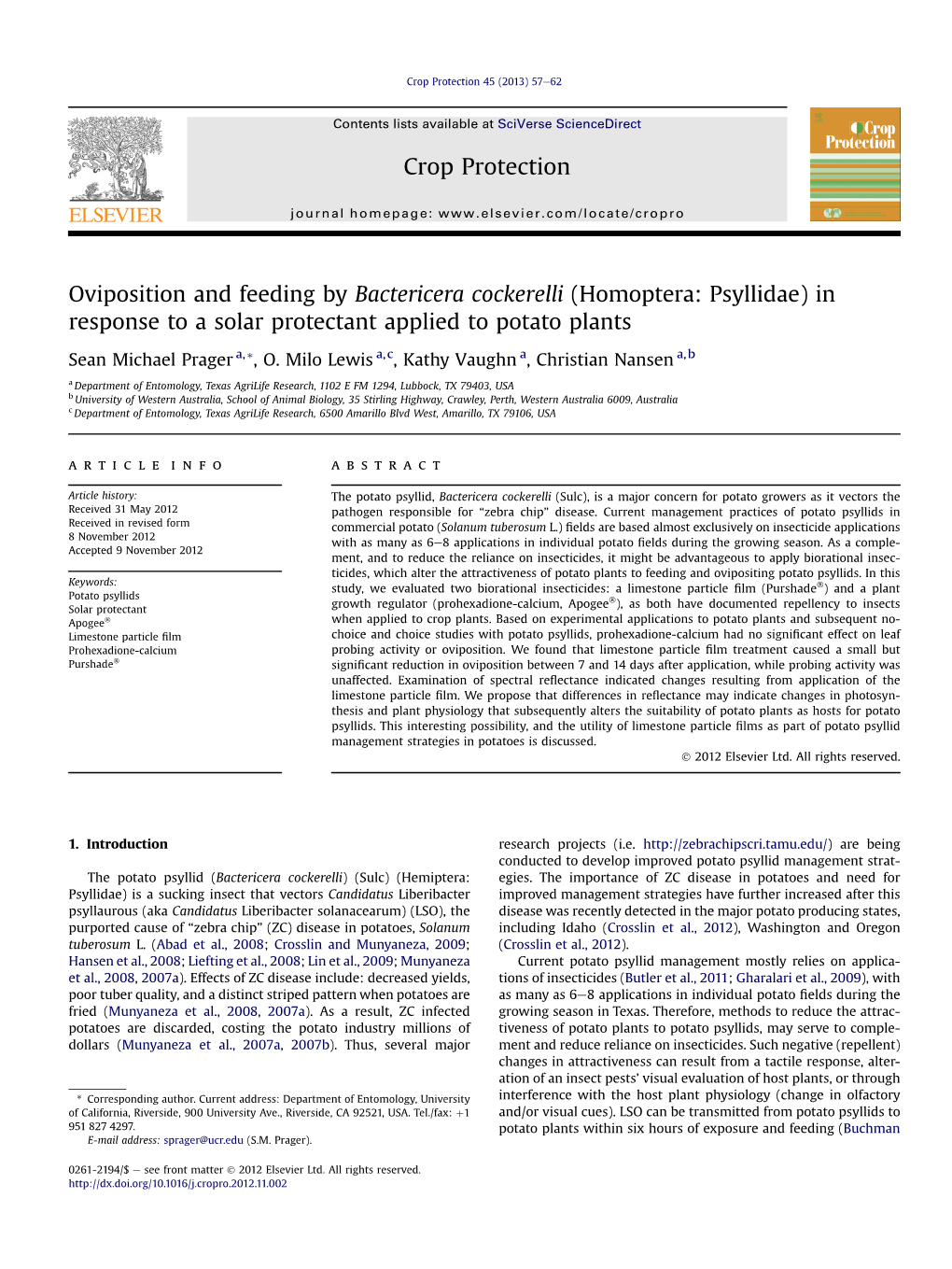 Oviposition and Feeding by Bactericera Cockerelli (Homoptera: Psyllidae) in Response to a Solar Protectant Applied to Potato Plants