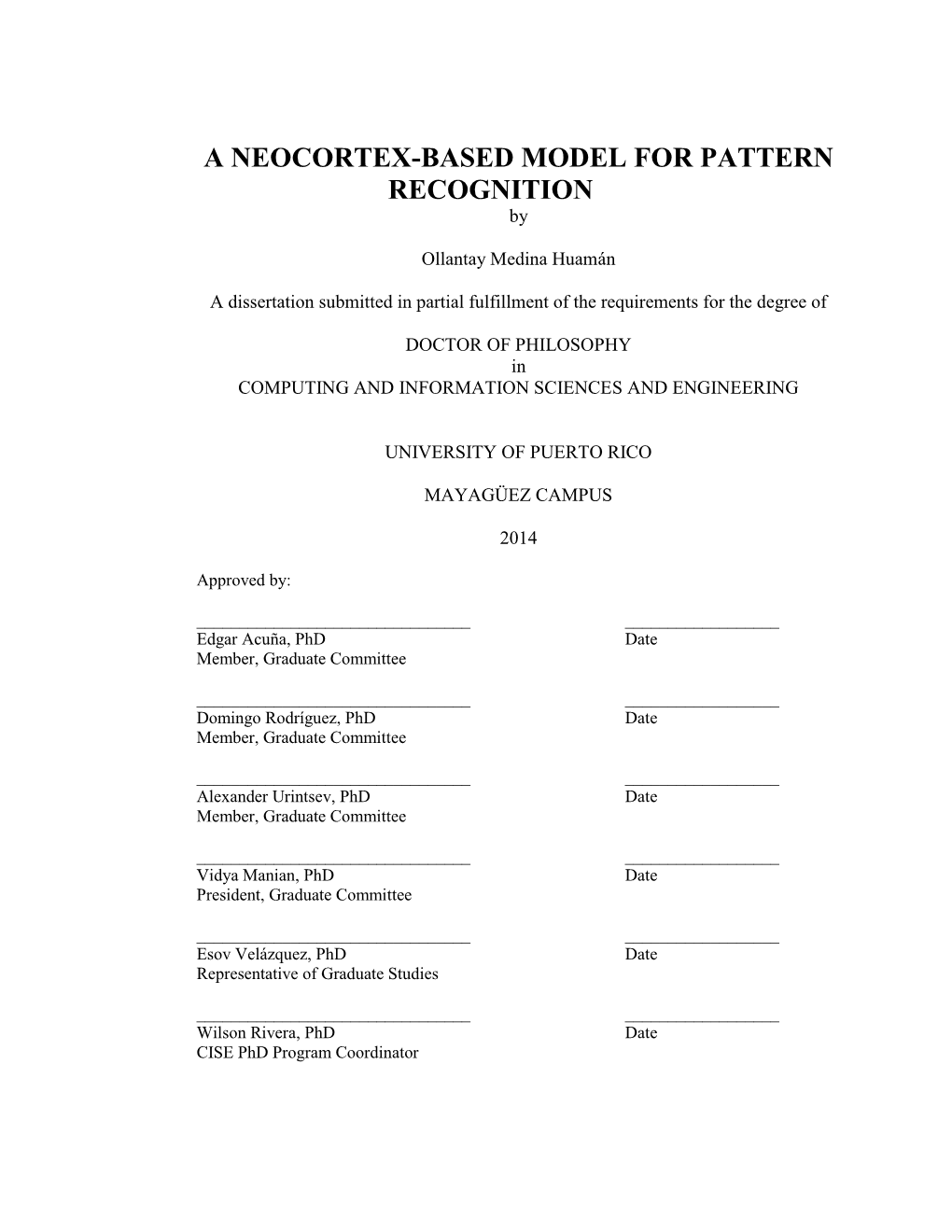 A NEOCORTEX-BASED MODEL for PATTERN RECOGNITION By