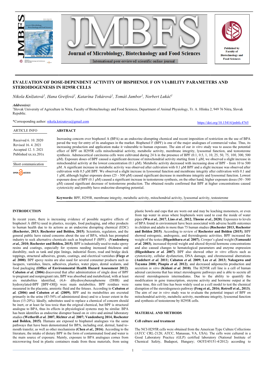 Evaluation of Dose-Dependent Activity of Bisphenol F on Viability Parameters and Steroidogenesis in H295r Cells