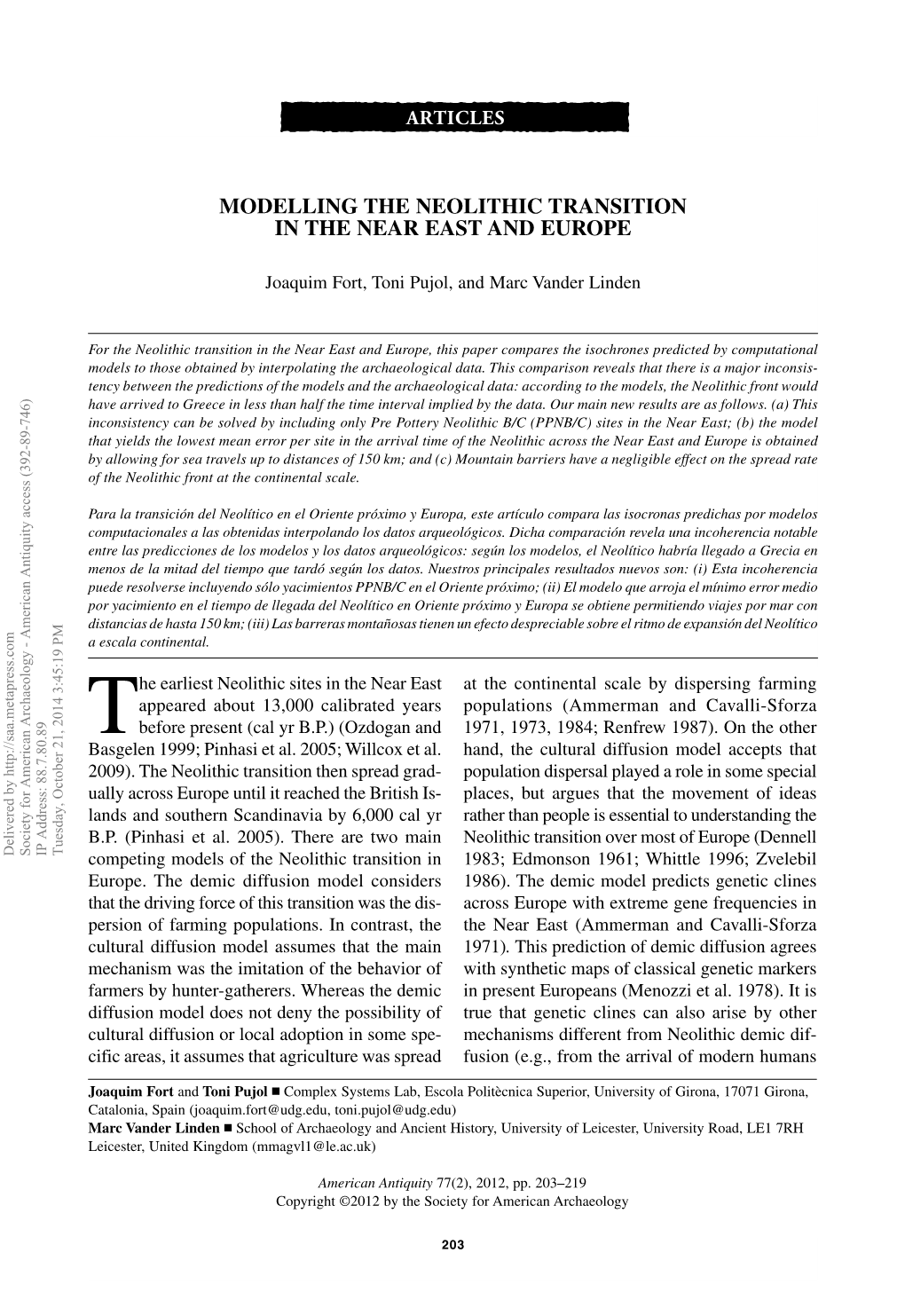 Modelling the Neolithic Transition in the Near East and Europe