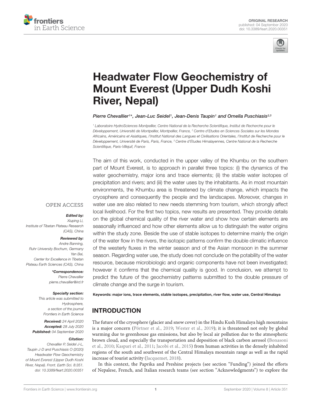 Headwater Flow Geochemistry of Mount Everest (Upper Dudh Koshi River, Nepal)