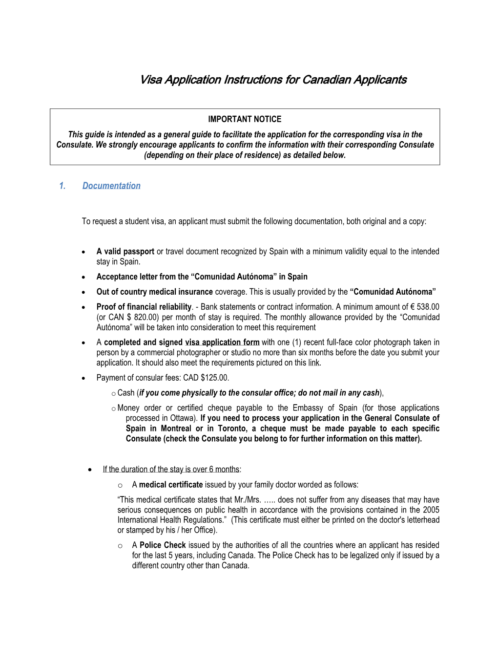 Visa Application Instructions for Canadian Applicants