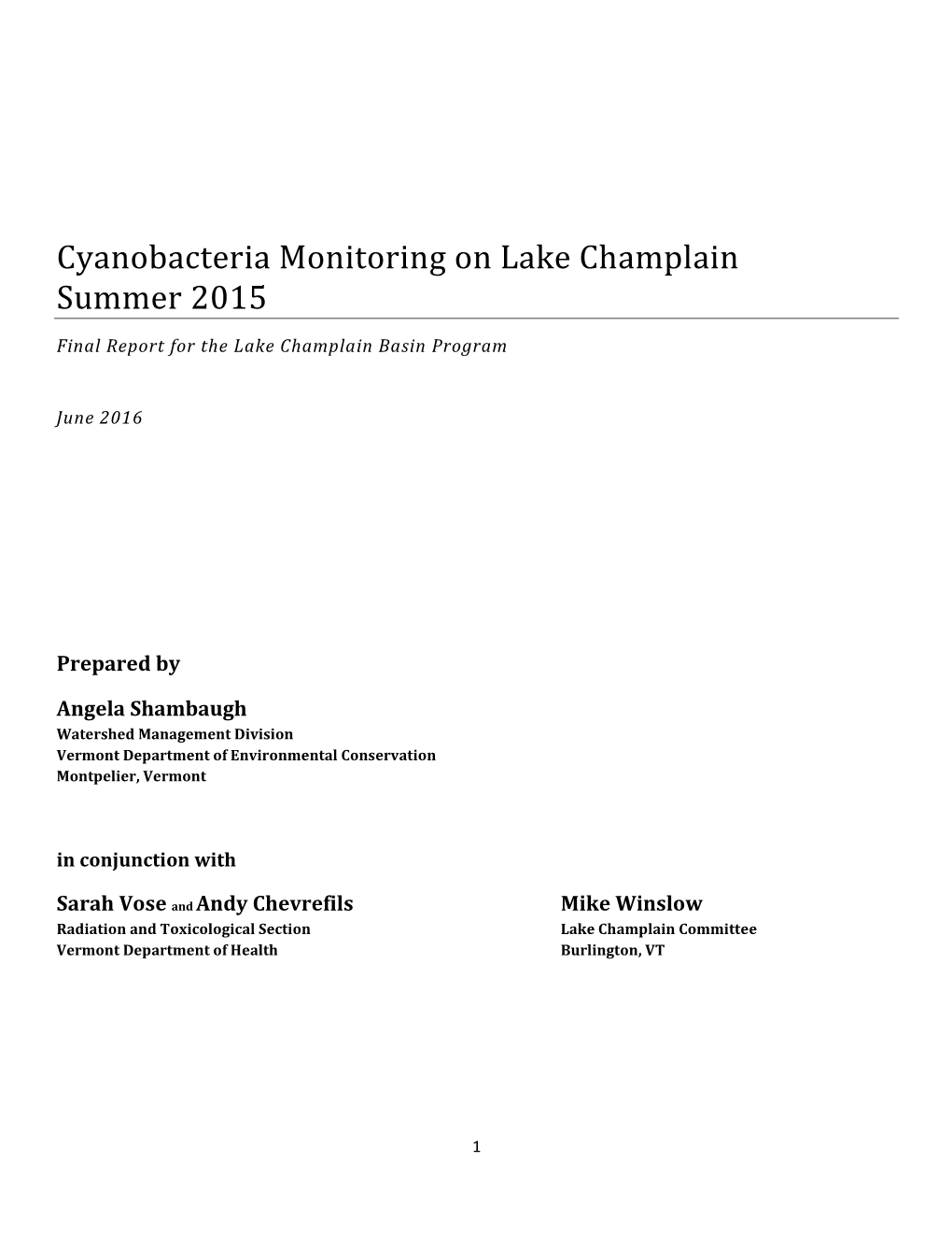 Cyanobacteria Monitoring on Lake Champlain Summer 2015