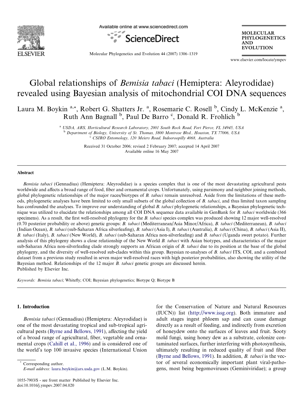 Global Relationships of Bemisia Tabaci (Hemiptera: Aleyrodidae) Revealed Using Bayesian Analysis of Mitochondrial COI DNA Sequences