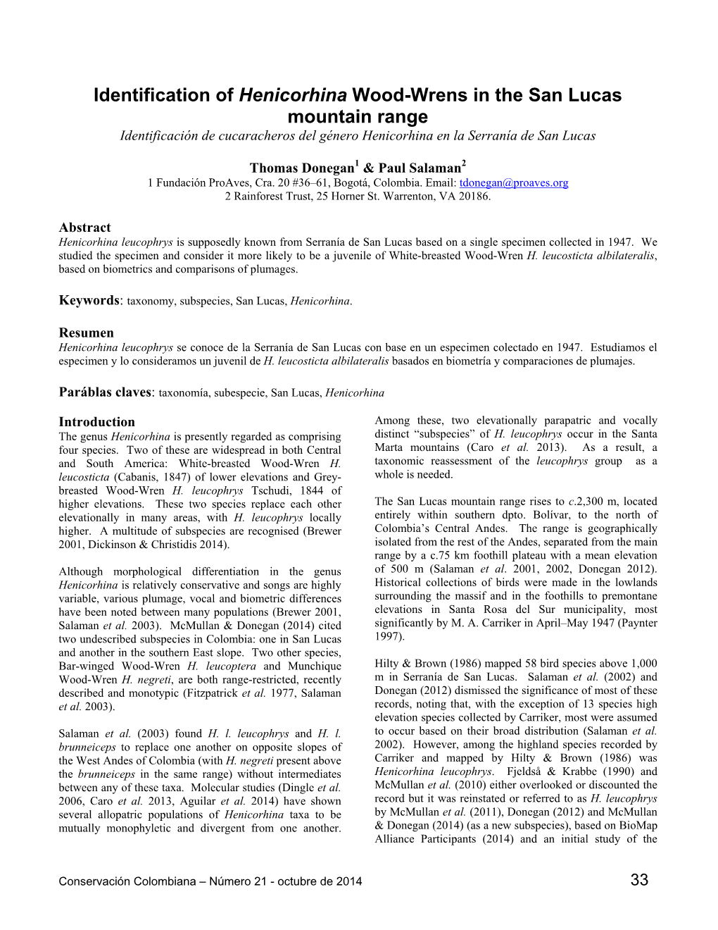 Identification of Henicorhina Wood-Wrens in the San Lucas Mountain Range Identificación De Cucaracheros Del Género Henicorhina En La Serranía De San Lucas