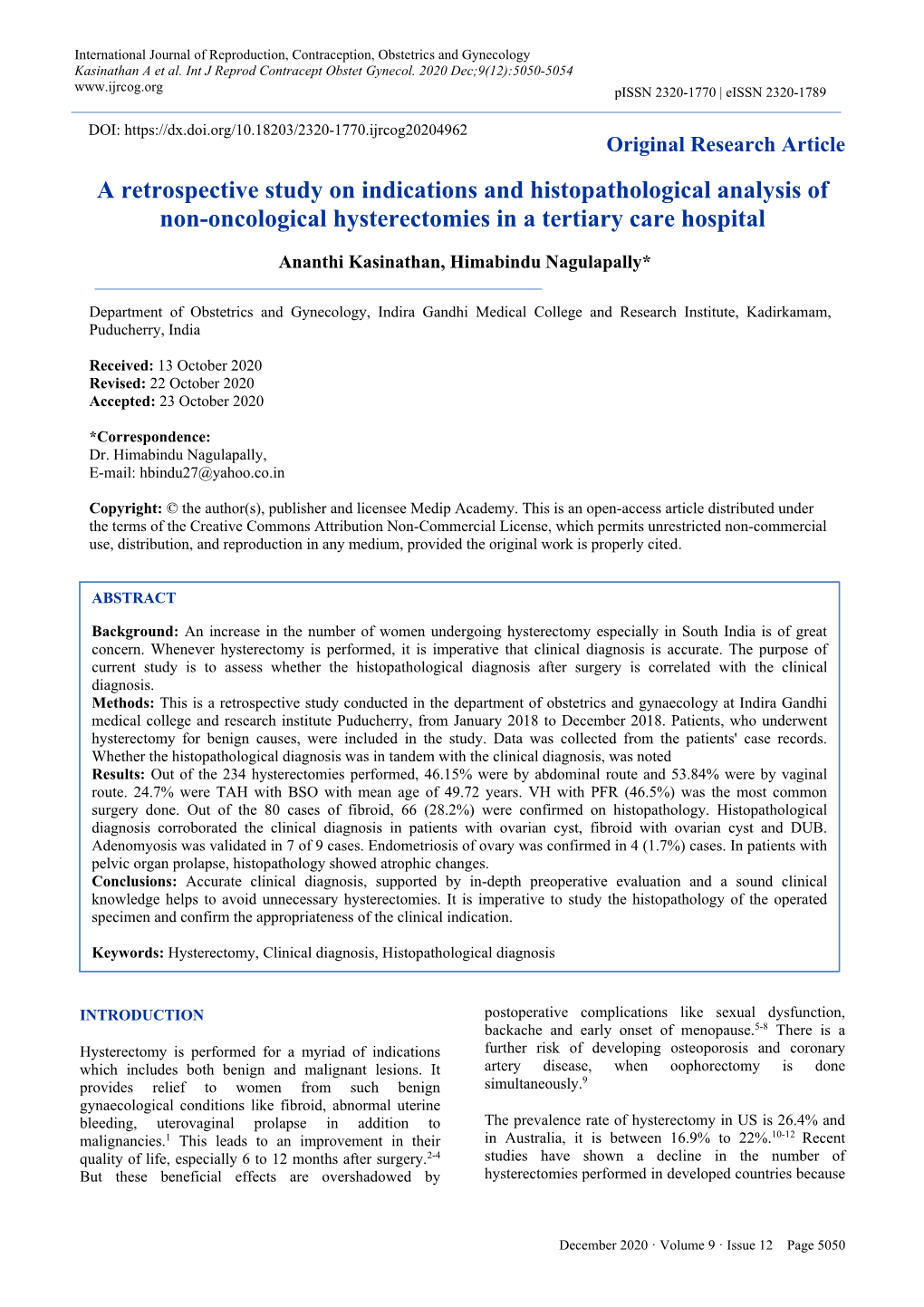 A Retrospective Study on Indications and Histopathological Analysis of Non-Oncological Hysterectomies in a Tertiary Care Hospital