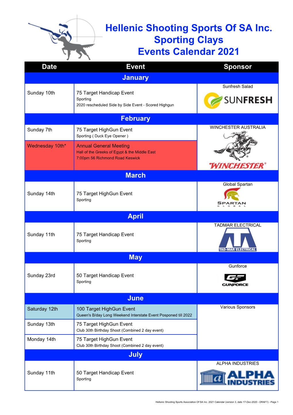 Hellenic Shooting Sports of SA Inc. Sporting Clays Events Calendar 2021