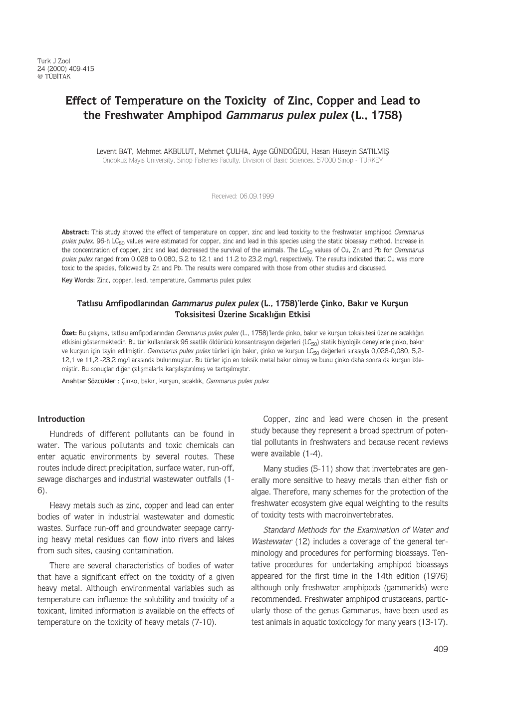 Effect of Temperature on the Toxicity of Zinc, Copper and Lead to the Freshwater Amphipod Gammarus Pulex Pulex (L., 1758)